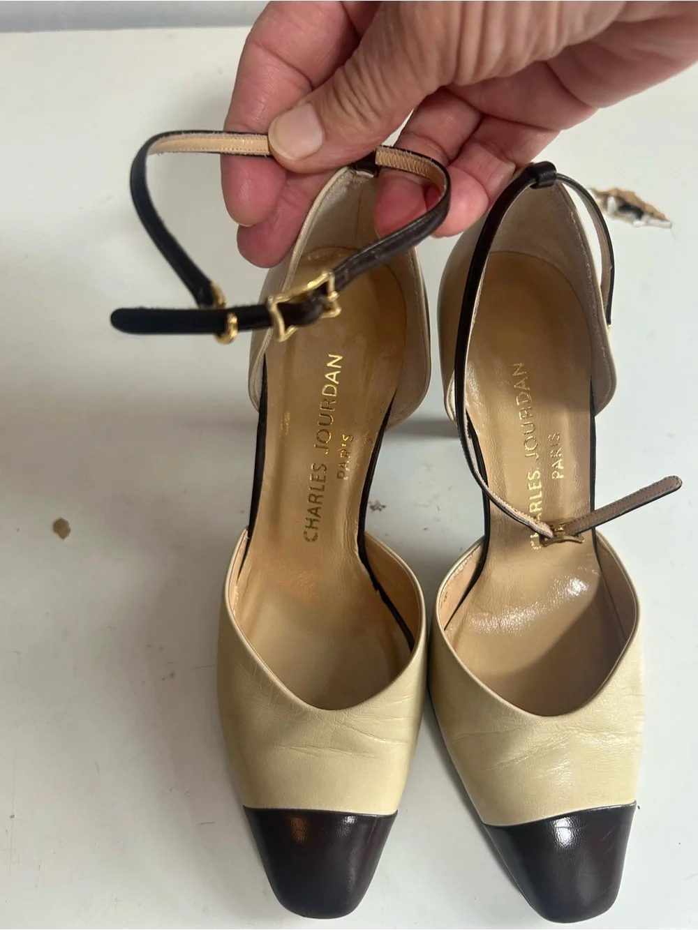 Charles Jourdan  Vintage Beige and Black Two-Tone D'Orsay Heels 6.5 Elegant